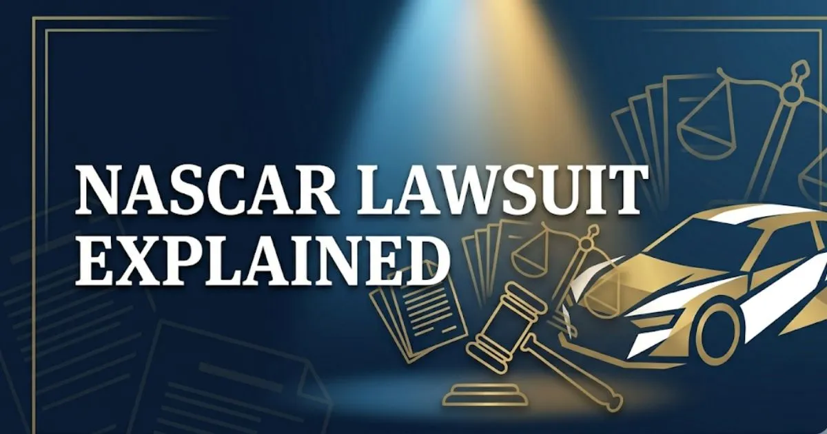 NASCAR lawsuit explained 2026 guide banner with racing silhouette and legal scales on navy background