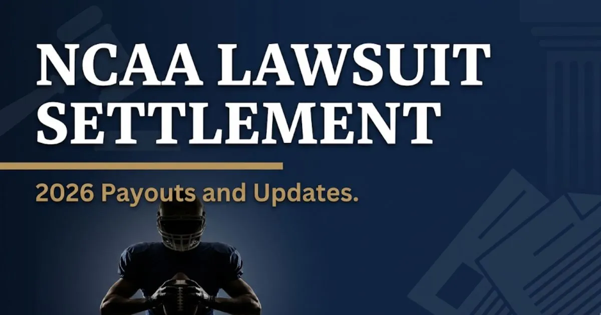 NCAA lawsuit settlement 2026 payouts and updates legal blog banner with gavel and athlete silhouette
