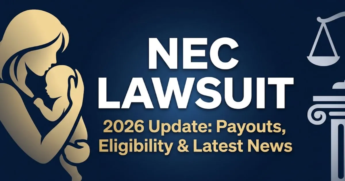 NEC lawsuit 2026 update banner showing infant silhouette, legal scale icon, and bold headline text on navy background