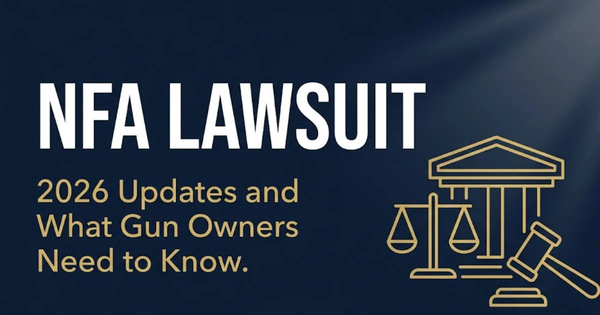 NFA lawsuit 2026 legal news banner with courthouse silhouette and scale of justice icons on navy background