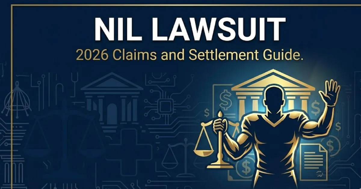 NIL lawsuit 2026 guide banner showing settlement claims information and college athlete silhouette