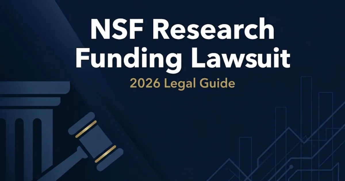 NSF research funding lawsuit 2026 legal guide banner with courthouse silhouette and gavel on navy background