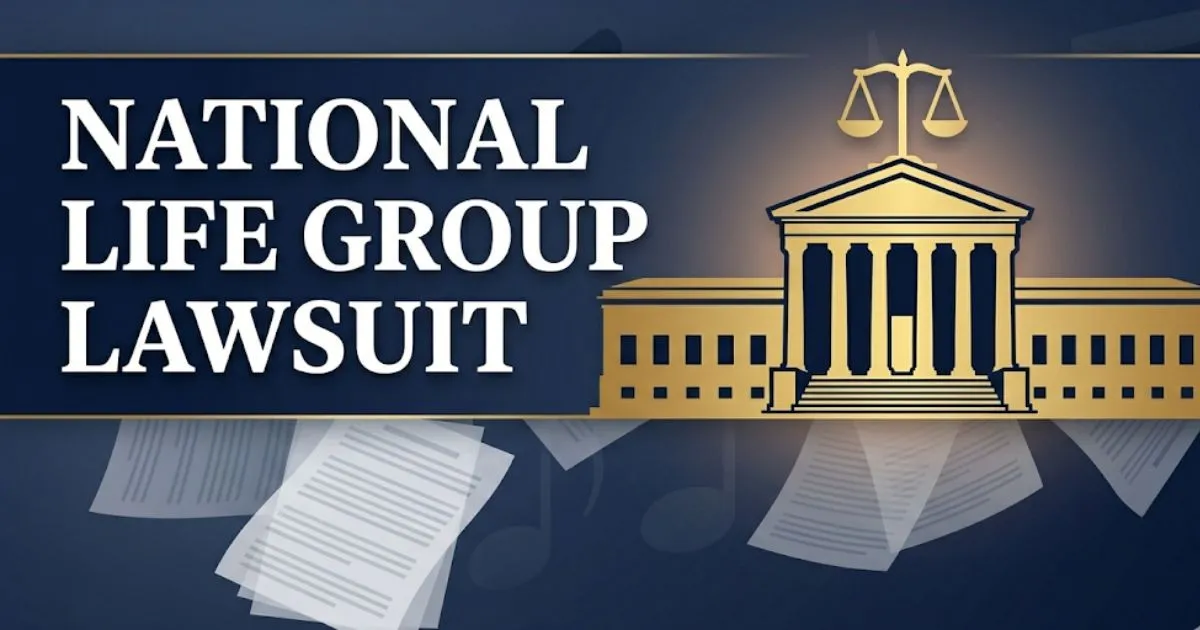 National Life Group lawsuit 2026 guide banner with courthouse silhouette and legal scales icon