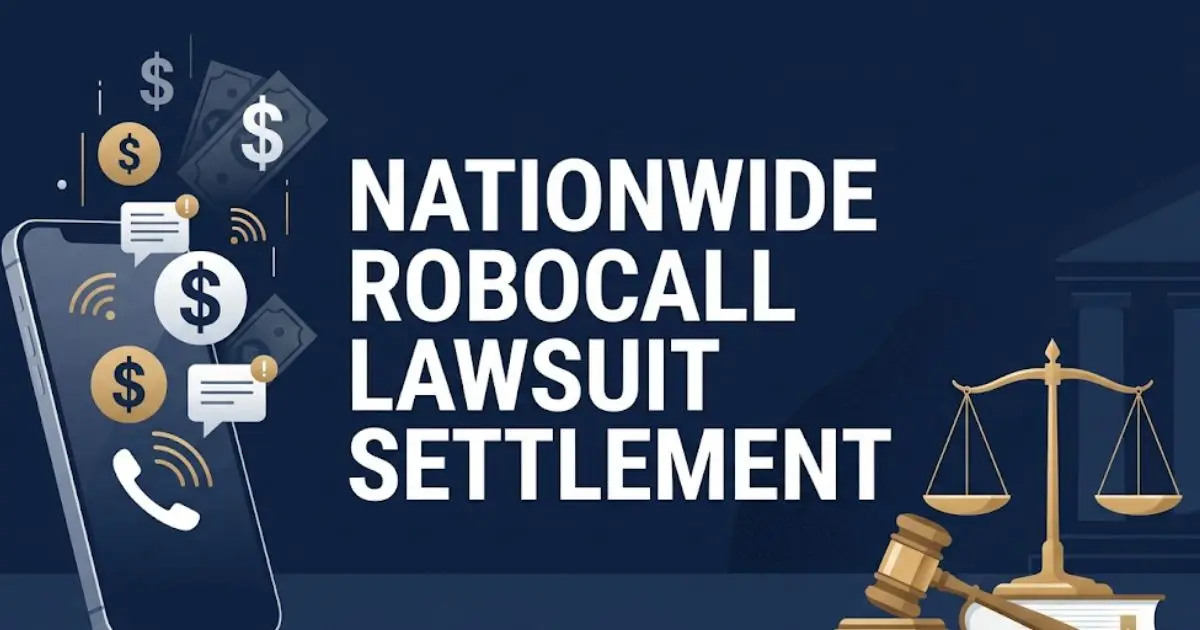 Nationwide robocall lawsuit settlement banner with phone and legal symbols in navy and gold