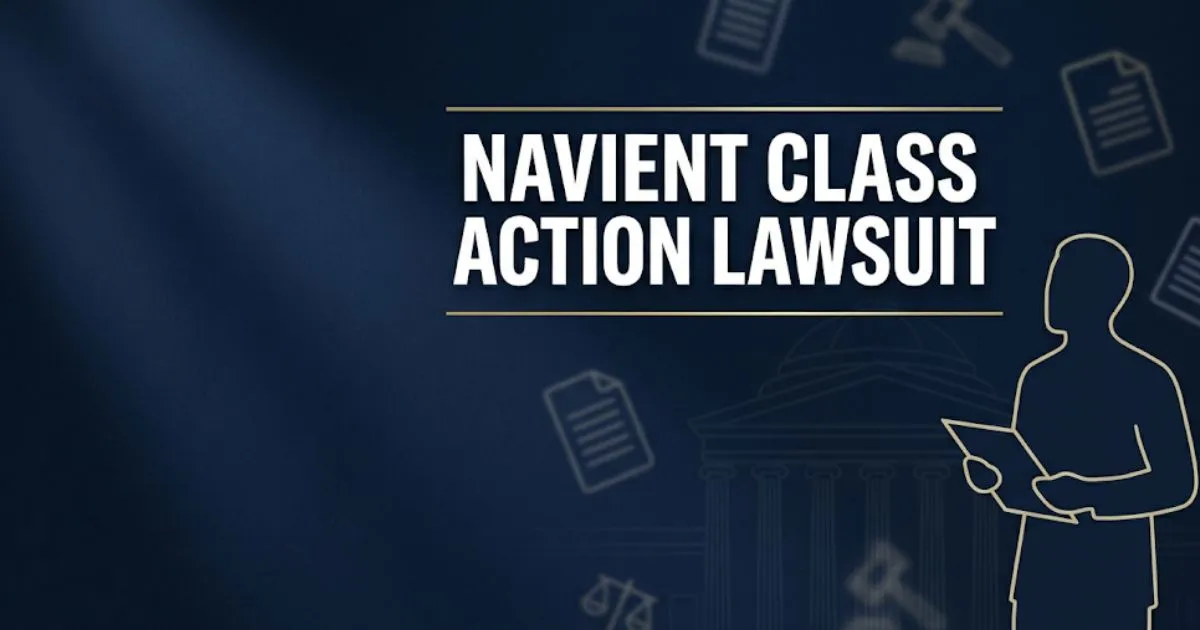Navient class action lawsuit 2026 guide banner with courthouse silhouette and bold legal text on navy background