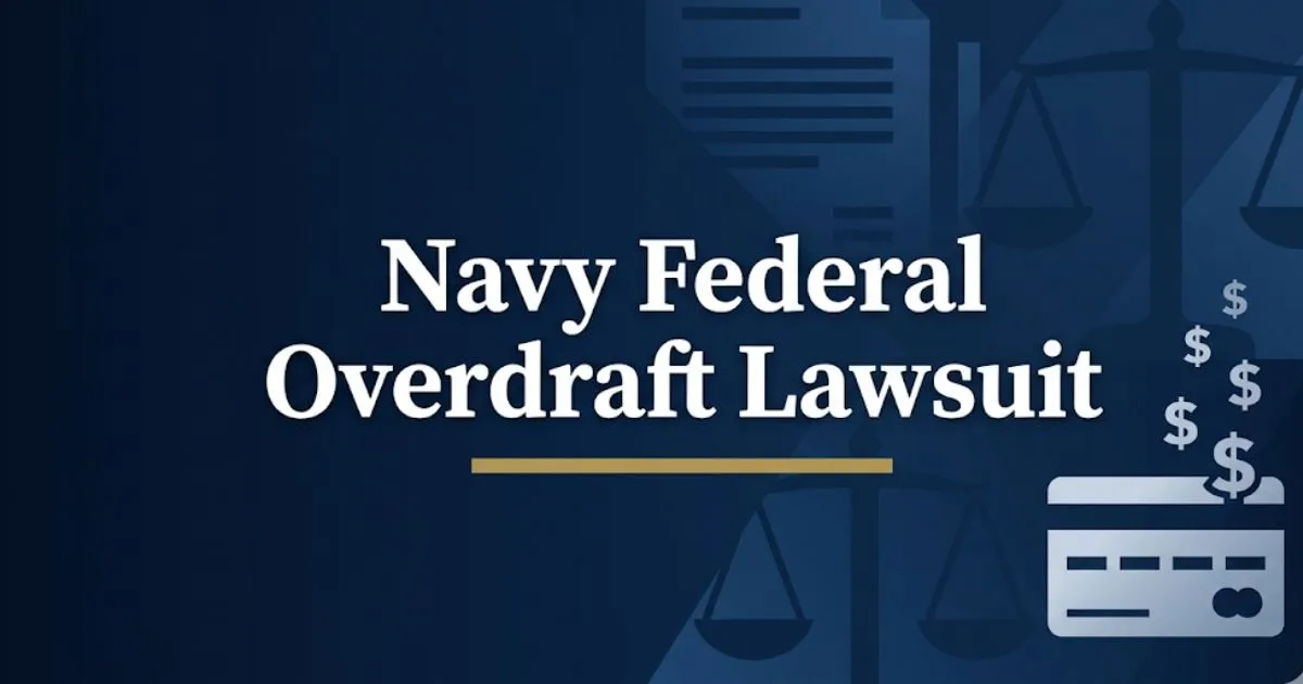 Navy Federal Overdraft Lawsuit 2026 legal guide banner with financial and justice symbols