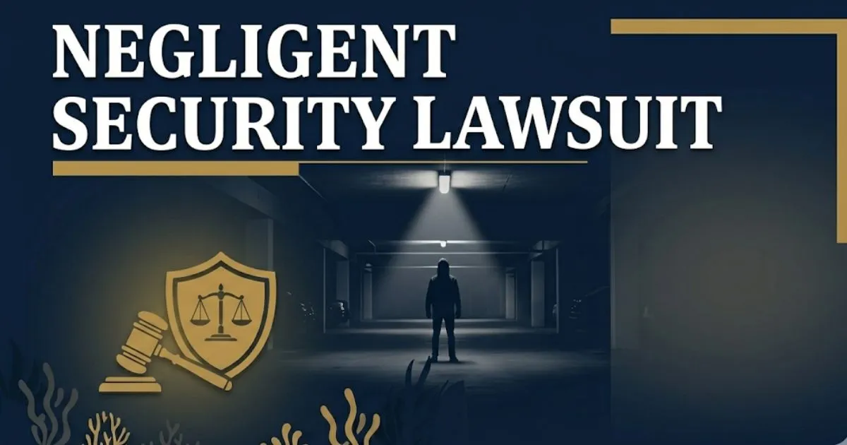 Negligent security lawsuit hero banner showing silhouette in dark parking garage with bold legal headline text in navy and gold