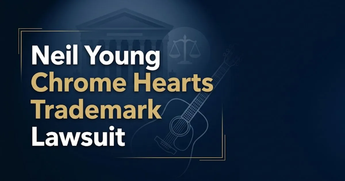 Neil Young Chrome Hearts trademark lawsuit 2026 legal guide banner with scales of justice and courthouse silhouette