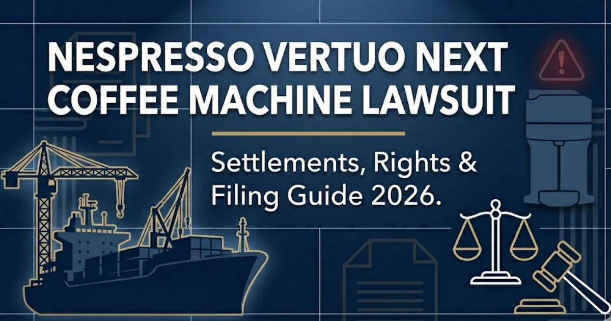 Nespresso Vertuo Next coffee machine lawsuit 2026 blog banner with legal symbols and defect warning icon