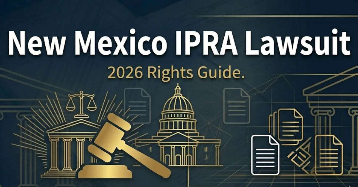 New Mexico IPRA lawsuit 2026 guide with legal symbols and state capitol silhouette