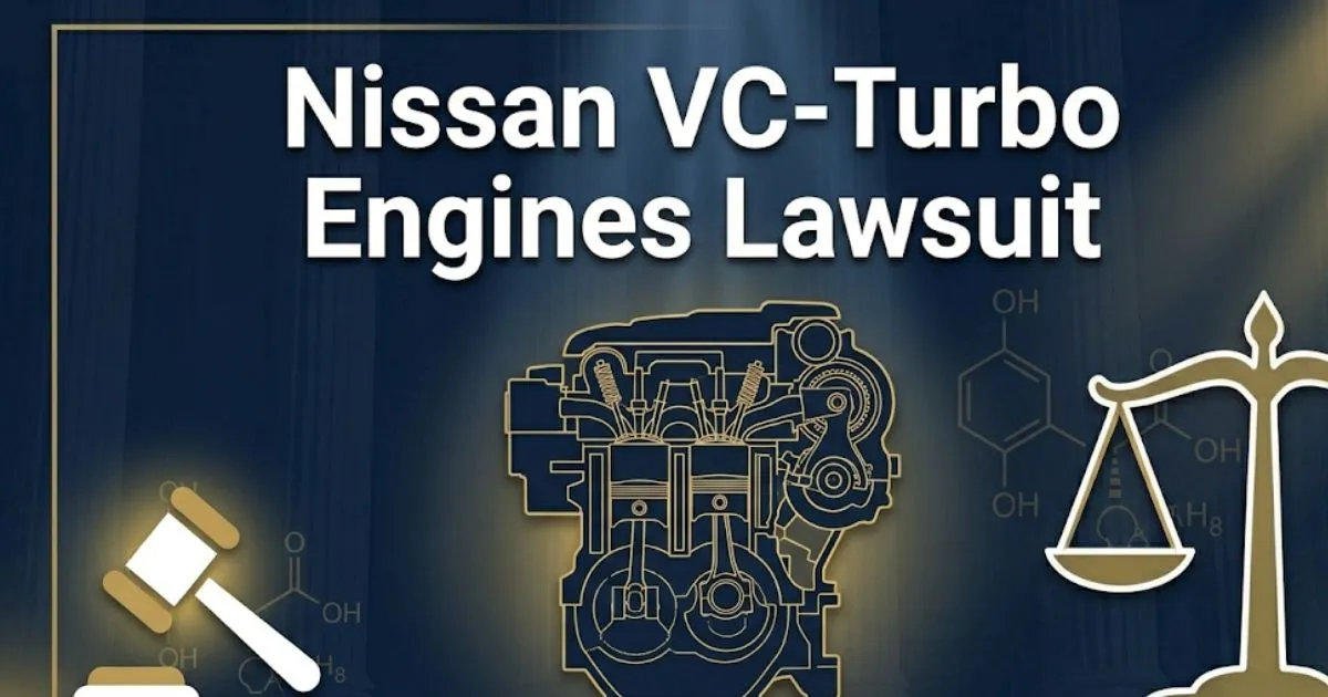 Nissan VC-Turbo engines lawsuit 2026 guide banner with engine and legal icons