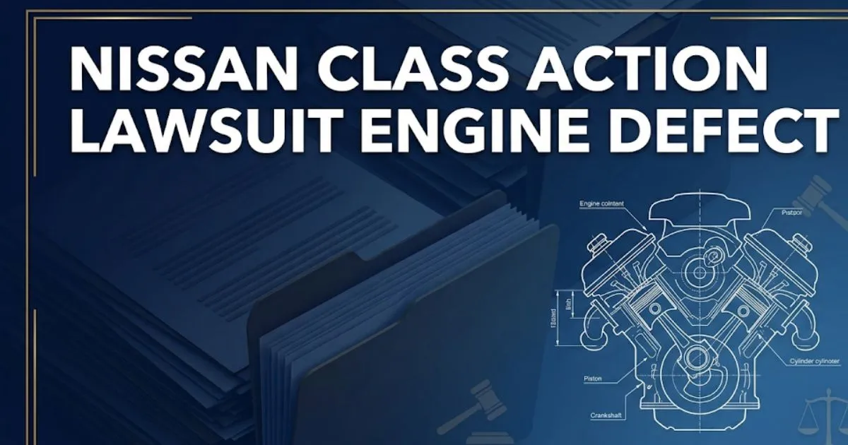 Nissan class action lawsuit engine defect banner with car engine blueprint and legal icons on navy background
