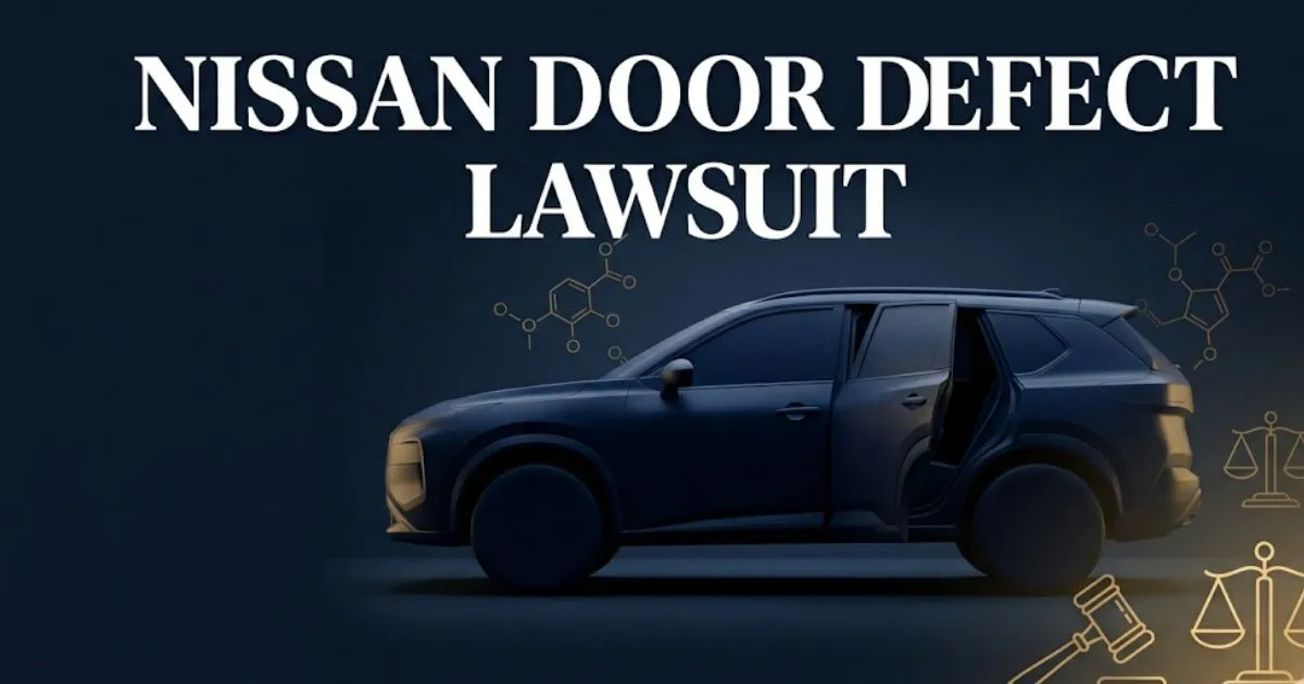 Nissan door defect lawsuit 2026 guide with legal symbols and SUV silhouette