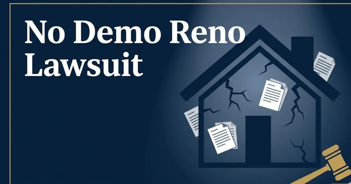 No Demo Reno Lawsuit 2026 legal update banner showing house silhouette and gavel on navy background