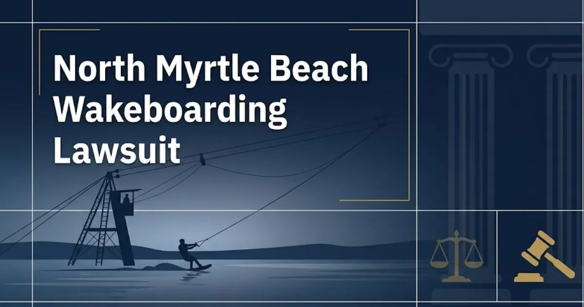North Myrtle Beach wakeboarding lawsuit guide 2026 showing cable park silhouette and legal scale icons on navy background
