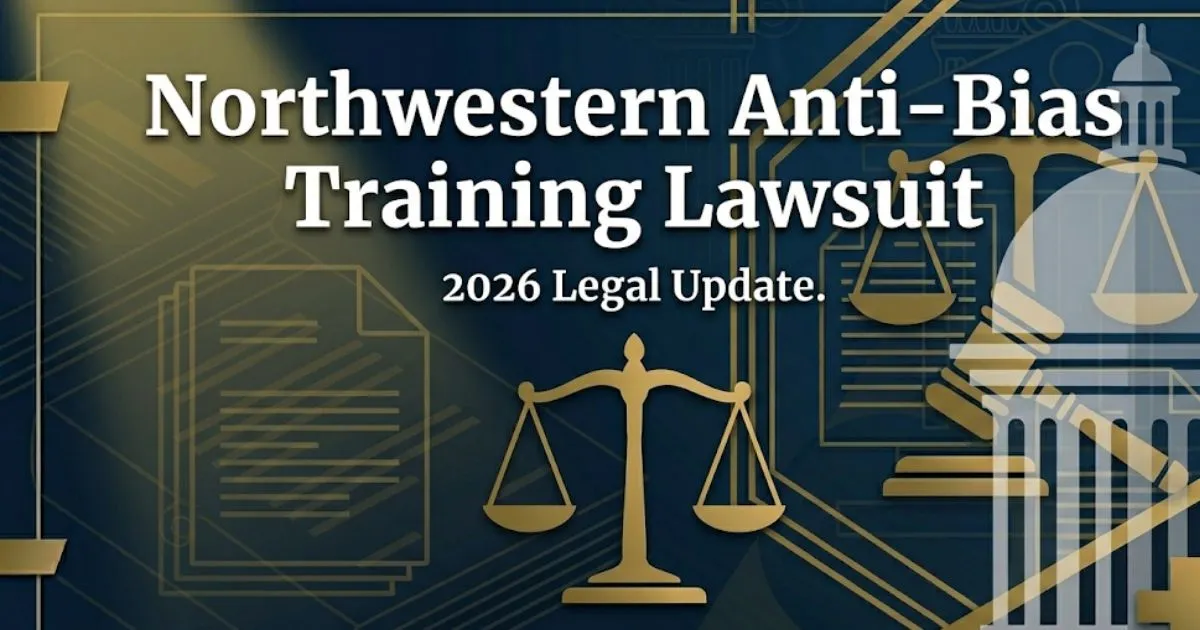 Northwestern anti-bias training lawsuit 2026 legal update hero banner with university silhouette and scales of justice
