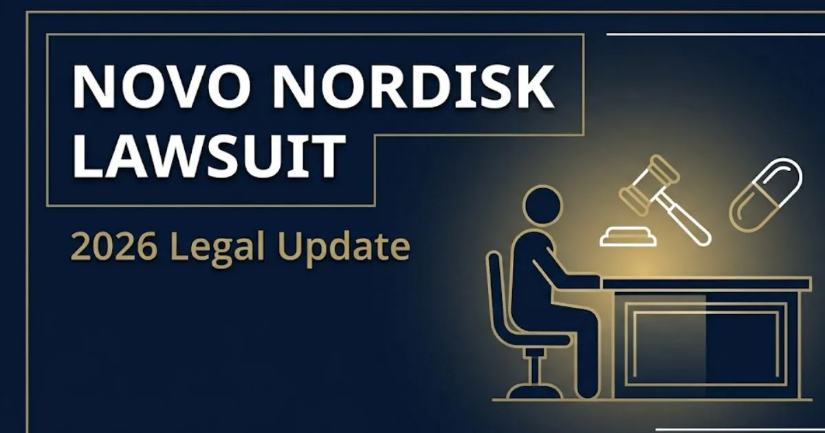 Novo Nordisk Lawsuit 2026 legal banner with gavel and pharmaceutical symbols on navy background