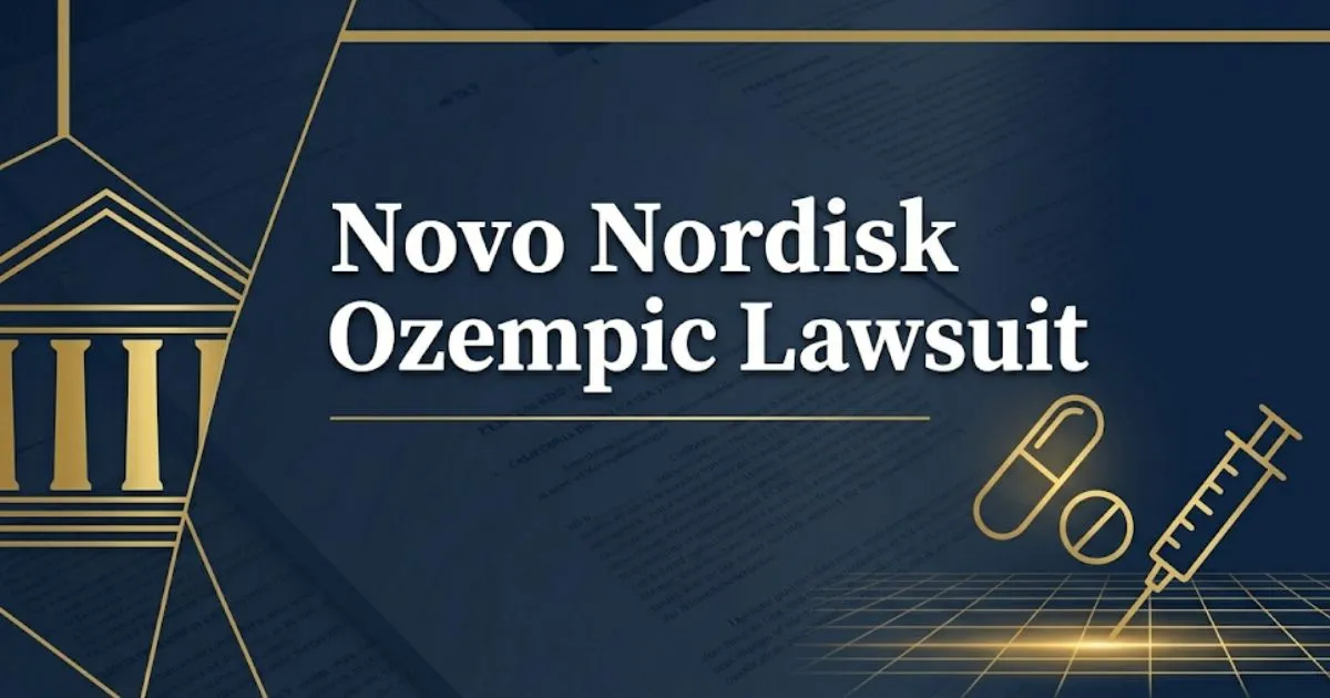 Novo Nordisk Ozempic lawsuit 2026 guide banner with courthouse and pharmaceutical icons