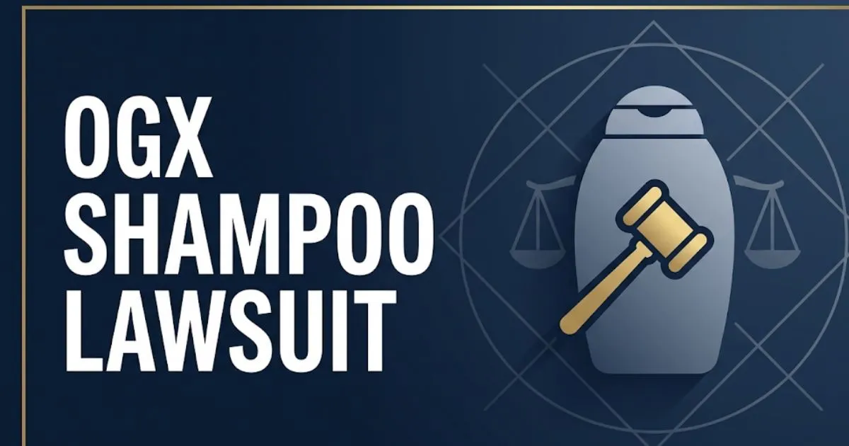 OGX shampoo lawsuit 2026 editorial banner with legal gavel and shampoo bottle silhouette on navy background