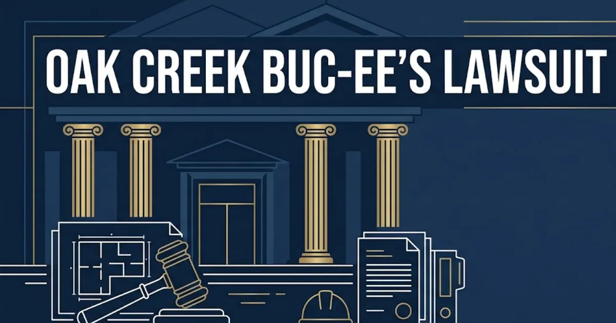 Oak Creek Buc-ee's lawsuit legal banner with courthouse and construction symbols in navy and gold