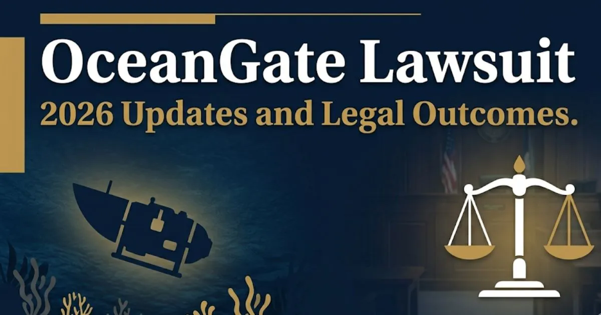 OceanGate lawsuit 2026 legal update banner showing submersible silhouette and scales of justice on navy background