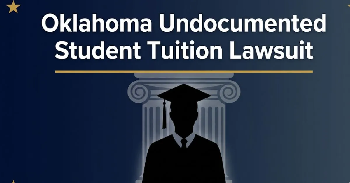 Oklahoma undocumented student tuition lawsuit 2026 banner with courthouse silhouette and student figure in navy and gold