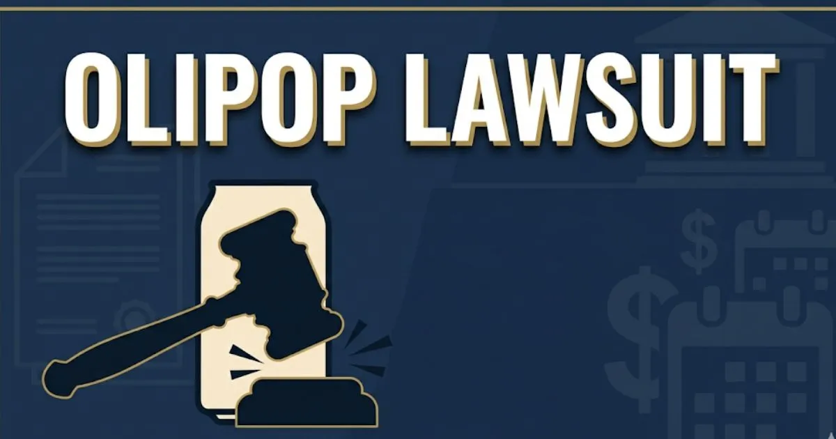 Olipop lawsuit 2026 legal graphic with gavel and soda can icons on navy background