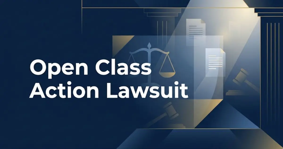 Open class action lawsuit guide banner with legal scales and gavel icons on navy background INPUT MAIN KEYWORD {{open class action lawsuit}} CLUSTER KEYWORDS {{open class action lawsuit sett