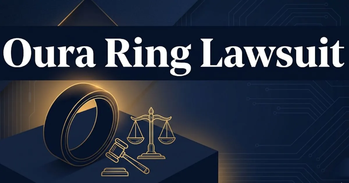 Oura Ring lawsuit 2026 blog banner with gavel, smart ring silhouette, and legal symbols