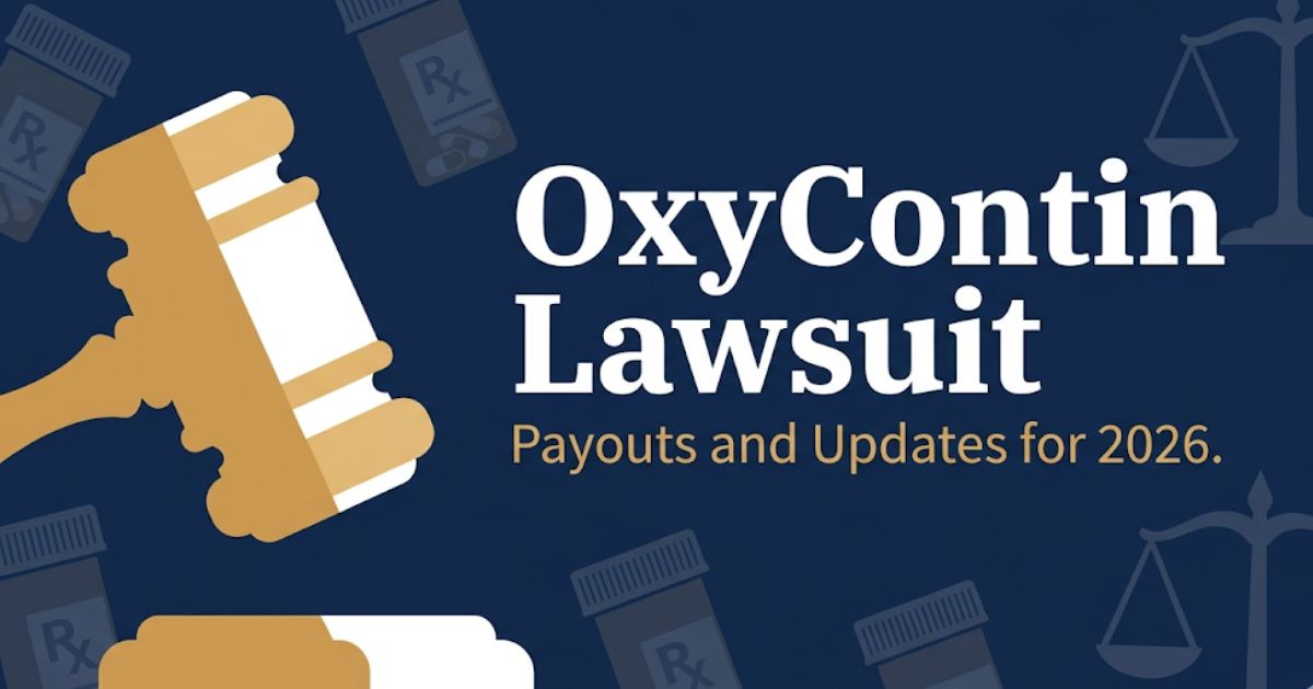 OxyContin lawsuit 2026 legal blog banner with gavel and prescription bottle icons