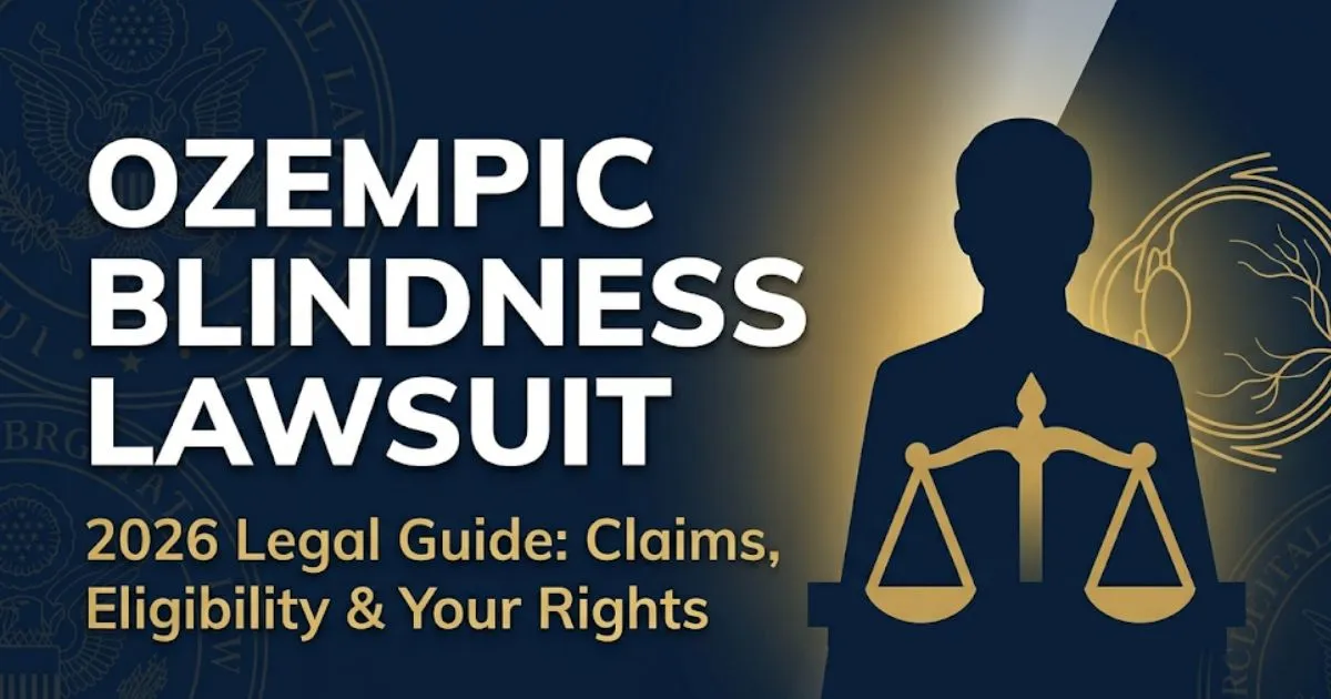 Ozempic blindness lawsuit 2026 legal guide banner with scales of justice and optic nerve graphic on navy background