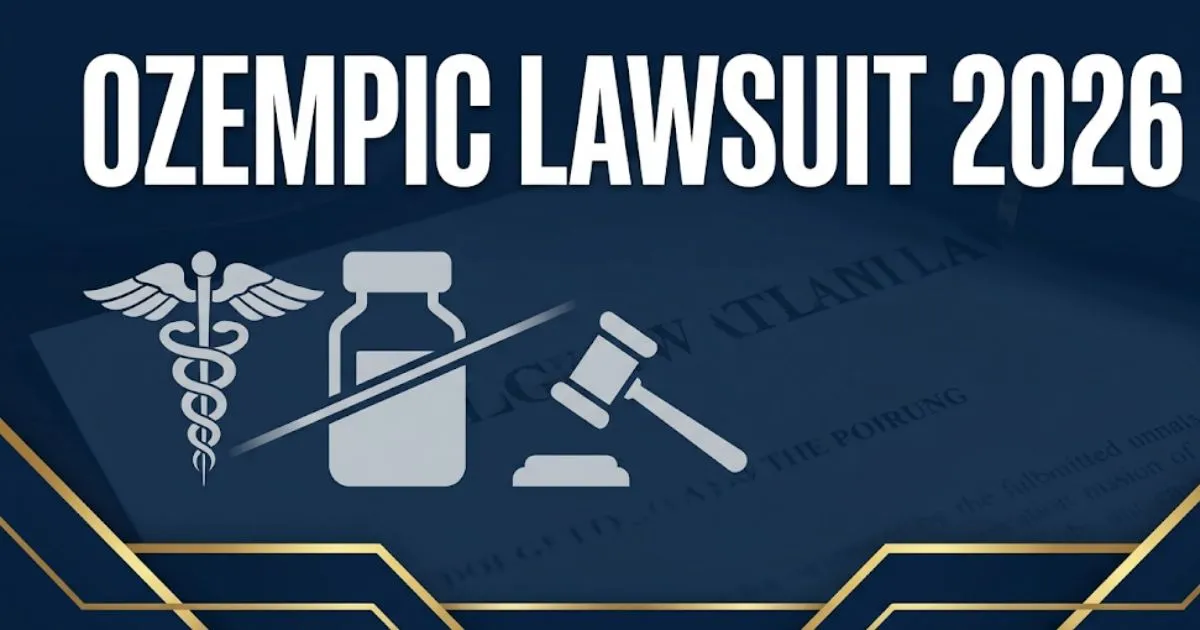 Ozempic lawsuit 2026 update banner showing legal and medical symbols with filing information