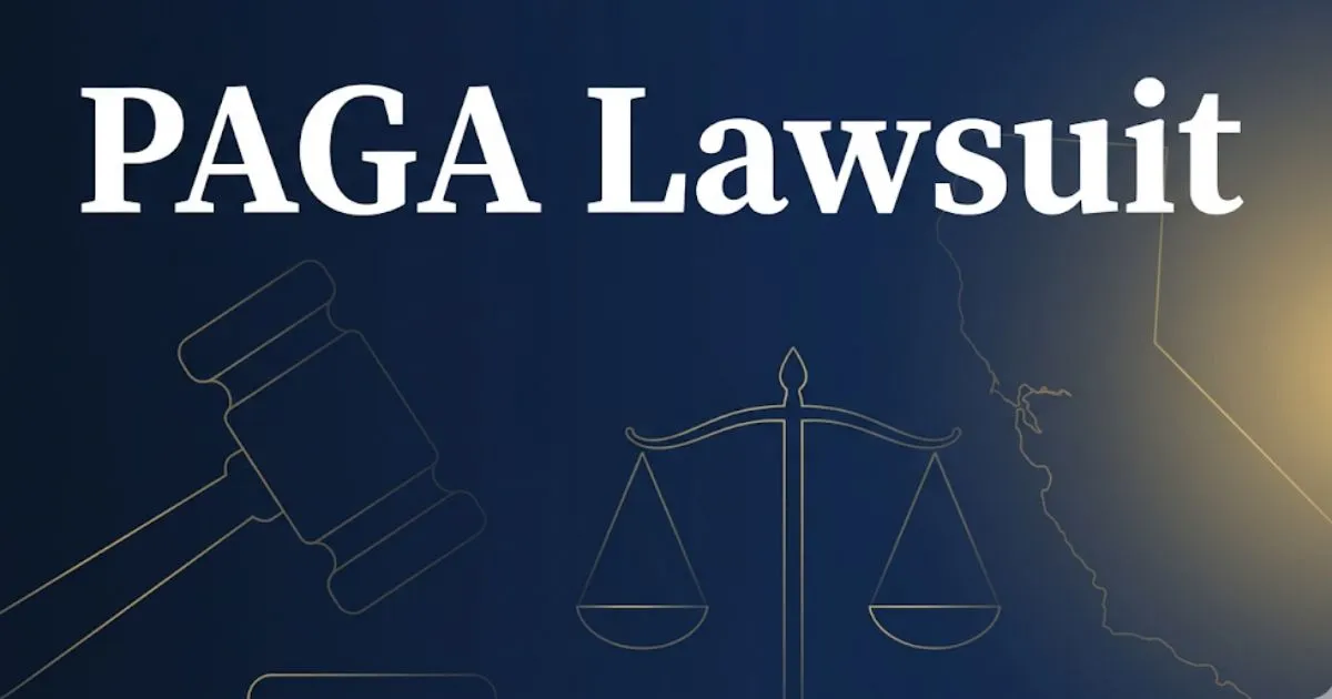 PAGA lawsuit guide banner with legal scales and gavel on navy background
