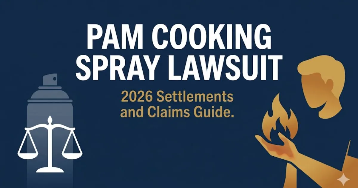 PAM cooking spray lawsuit 2026 banner showing exploding aerosol can silhouette and burn injury legal claim information