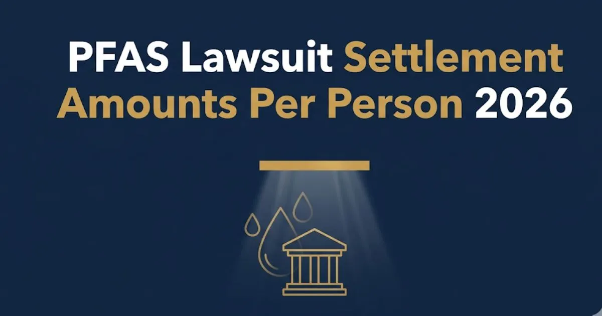 PFAS lawsuit settlement amounts per person 2026 legal banner with courthouse icon and water contamination theme