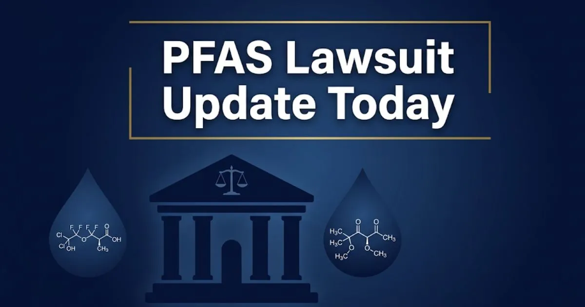 PFAS lawsuit update today 2026 banner with courthouse silhouette and legal symbols