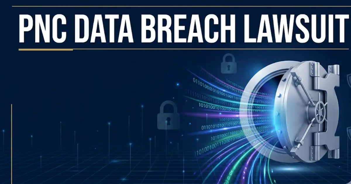 PNC data breach lawsuit 2026 banner with bank vault and data security symbols