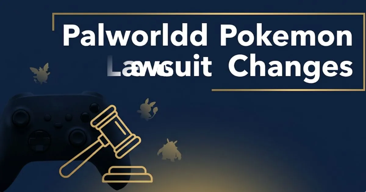 Palworld Pokemon Lawsuit Changes 2026 editorial banner with legal gavel and game controller silhouettes on navy background