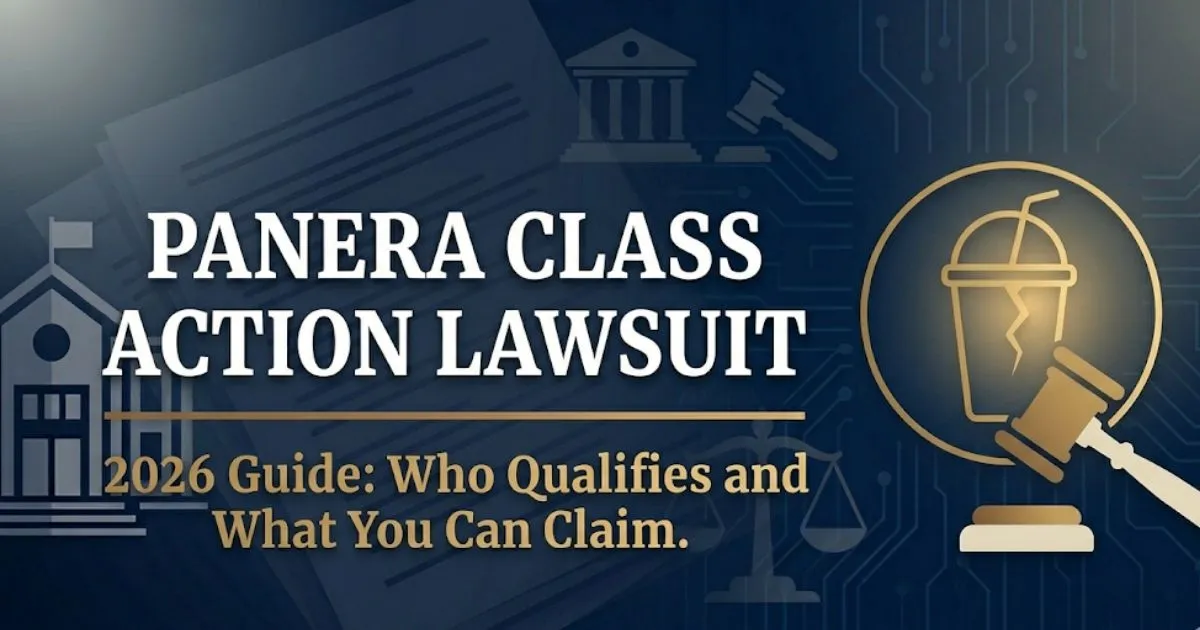Panera class action lawsuit 2026 guide banner with legal icons and courthouse silhouette on navy background