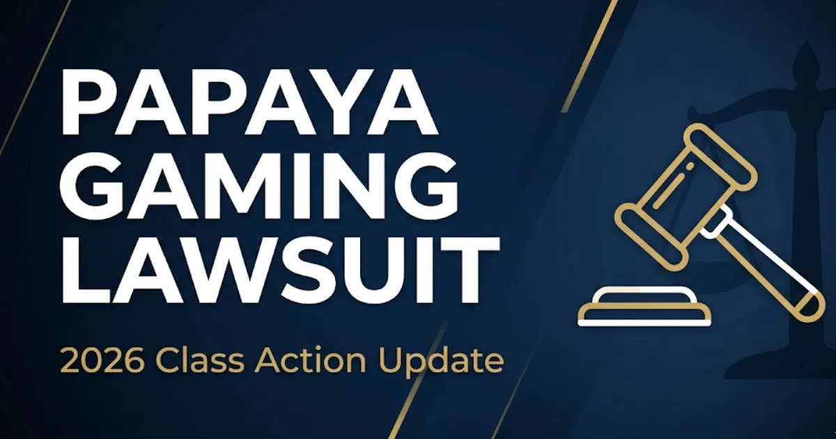 Papaya Gaming Lawsuit 2026 blog banner with gavel icon and legal scales on navy background