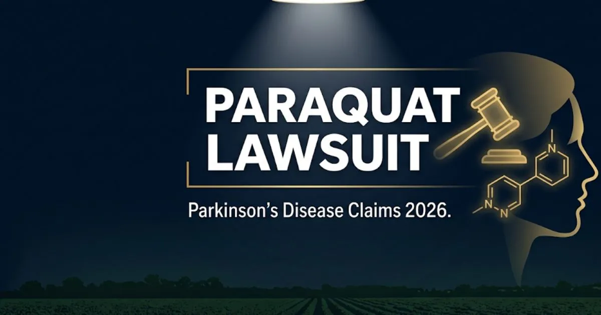 Paraquat lawsuit 2026 legal banner showing Parkinson's disease claims information with navy and gold design