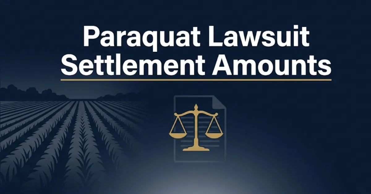 Paraquat lawsuit settlement amounts 2026 guide banner showing legal scales and farm silhouette on navy background