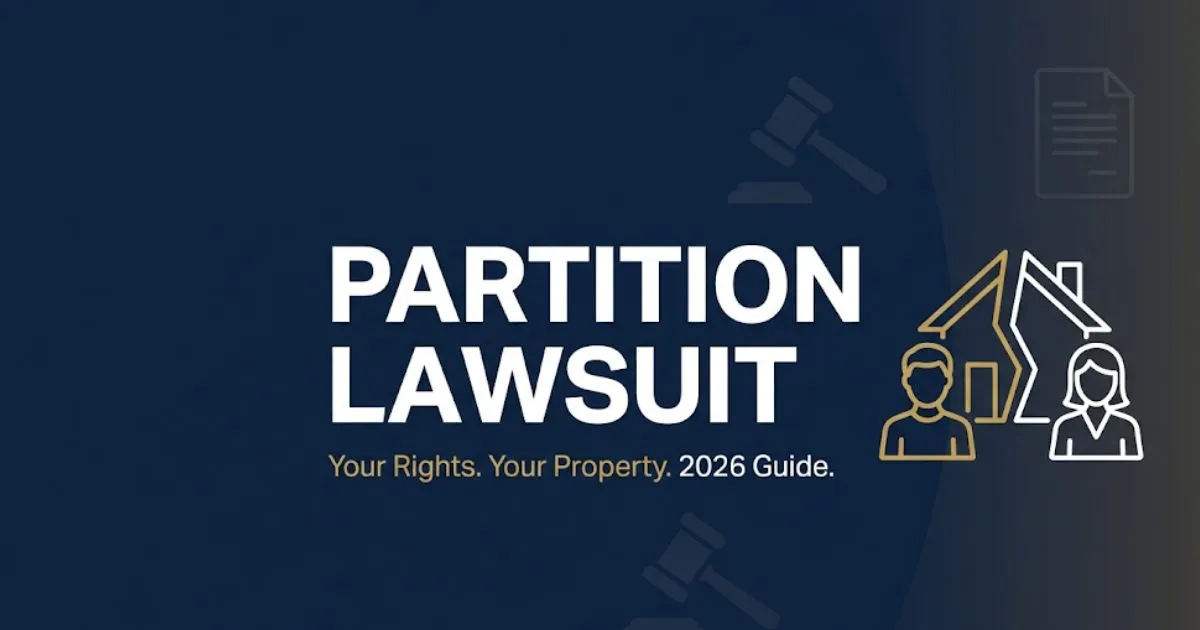 Partition lawsuit 2026 guide banner showing split house icon and legal symbols on navy background