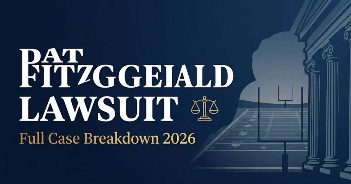 Pat Fitzgerald lawsuit 2026 case breakdown banner with legal scale and football field silhouette on navy background