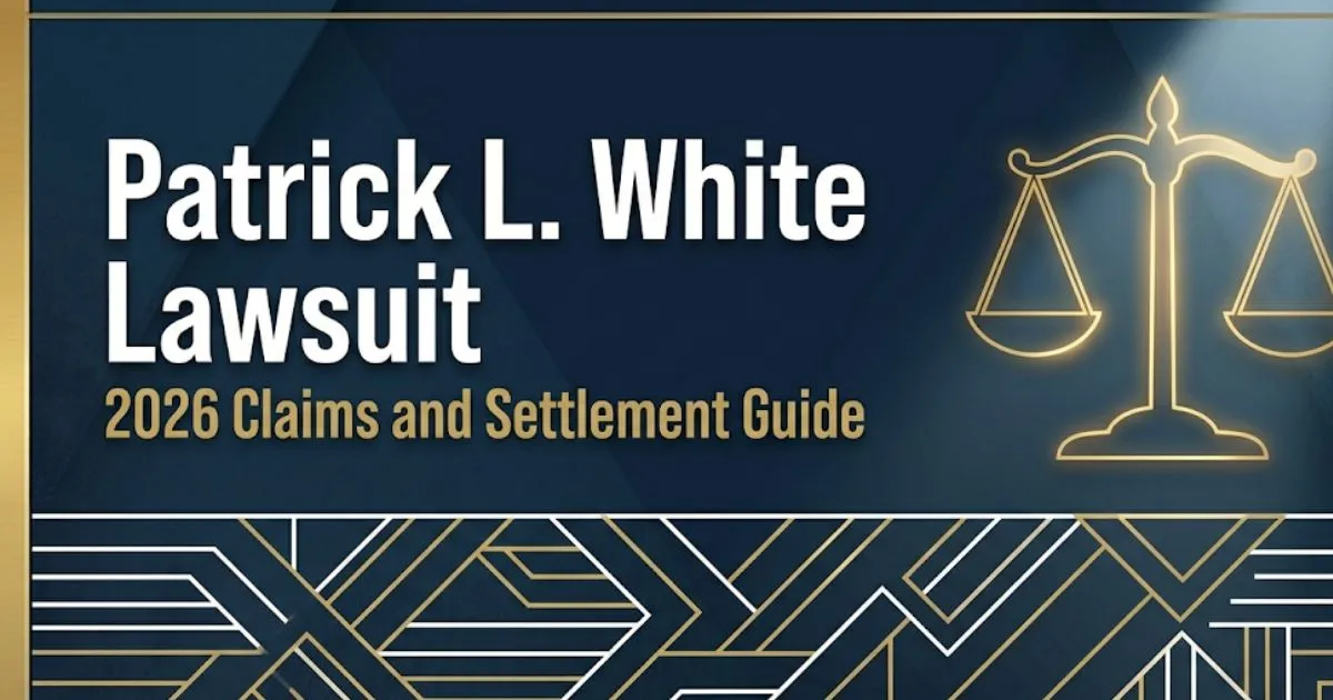 Patrick L. White Lawsuit 2026 claims and settlement guide banner with legal scale icon on navy background