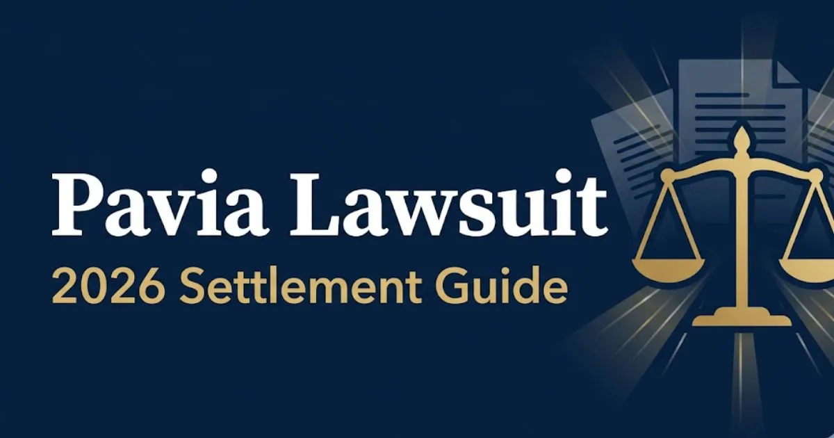 Pavia Lawsuit 2026 settlement guide banner with legal scales and navy gold design for class action claimants