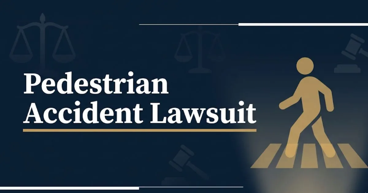 Pedestrian accident lawsuit 2026 guide blog banner with crosswalk silhouette and legal scales on navy background