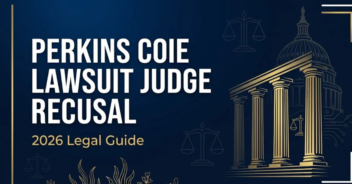 Perkins Coie lawsuit judge recusal 2026 legal guide banner with navy background and gold gavel icon