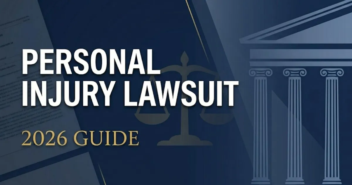 Personal injury lawsuit guide banner with courthouse silhouette and 2026 text in navy and gold design