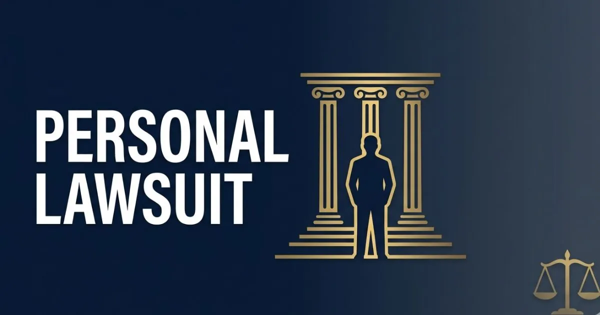 Personal lawsuit guide 2026 hero banner with courthouse silhouette and legal scales on navy background